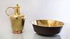 LARGE BRASS BASIN AND A BRASS AND COPPER JUG AND COVER
