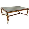 Mid Century Empire Style, Parcel Gilt, Egyptian Revival Carved Wood Marble Top Coffee Table. Typical scuffs to gilt and paint, light scratches, possib
