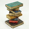 Hand Carved and Painted End Table in the form of Stacked Books. Wear to the corners at the base, rubbing to paint.