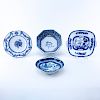 Four Pieces Blue & White Pottery Decorative Table Top Items. Includes a Mottahedeh Chinese motif dish, a flow blue platter, a Chinese bowl and an unsi