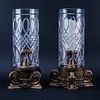 Pair of Vintage Waterford Style Cut Crystal and Gilt Brass Hurricane Lamps. Unsigned.