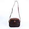 Celine Macadame Brown Coated Canvas Vintage Crossbody Bag With Exterior Pocket. Gold hardware, brown leather straps and sides.