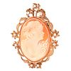 Carved Shell Cameo, Round Brilliant Cut Diamond and 14 Karat Yellow Gold Brooch. Unsigned.