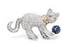 A Platinum, Diamond, Colored Diamond and Invisibly Set Sapphire Cat Brooch, 19.10 dwts.