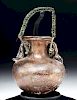 Important Roman Glass Aryballos - Original Bronze Chain