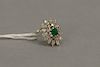 14 karat white gold cocktail ring with pear shaped emerald in center approximately 1.15 carats, 39 round diamonds around emerald in ...