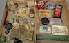 Two tray lots with advertising items including Coca-Cola belt buckles, Wells Fargo paperweights, Hartford Fire Ins., Jones McDuffee ...