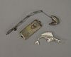 Sterling silver three piece lot to include fishing rod and trout pin, marlin pin, and small case.