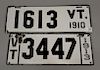 Two porcelain four digit Vermont license plates, one is dated 1910 (lg. 16 3/4in.) and the other 1913 (lg. 15 1/2in.).