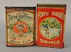 Two tobacco tins including Three Feathers plug cut (ht. 4 1/4in.) along with Forest and Stream Tobacco (ht. 4 1/2in.).