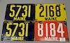 Lot of four 4-digit porcelain Maine license plates, two are an exact pair. lg. 9 1/2in.