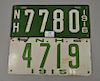 Two porcelain New Hampshire license plates, one dated 1916 (lg. 13 1/2in.) and other dated 1915 (lg. 13 1/4in.).