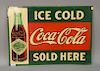 Vintage original tin "Ice Cold Coca-Cola Sold Here" sign. 20" x 28"