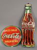 Two Coca-Cola tin signs including large Coca-Cola bottle sign Trademark Registered Bottle Pat'D Dec. 25, 1923 (38 3/4" x 11 1/2"), a...