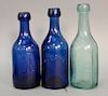 Three glass soda bottles including two cobalt blue Union Glass Works bottles: Philadelphia W. Ryer and Dearborn, New York, along wit...