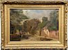 Country town street scene with children and animals playing, oil on canvas, signed illegibly lower left: W. Cro?, in Victorian gilt ...