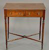 Mahogany continental two drawer stand with line inlaid top on turned legs and stretcher base. ht. 29in., top: 17 1/2" x 27"
