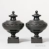 Pair of Wedgwood & Bentley Black Basalt "Sugar Dish" Vases and Covers