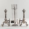 Baroque-style Silvered-brass Andirons and Tools
