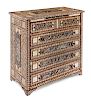 A Middle Eastern Mother-of-Pearl Inlaid Chest of Drawers Height 42 1/8 x width 41 3/8 x depth 20 7/8 inches.