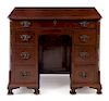 An English Mahogany Kneehole Desk Height 30 1/4 x width 36 3/8 x depth 21 inches.