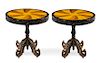A Pair of Parquetry and Parcel Gilt Occasional Tables Height 30 1/2 x diameter of top 30 inches.