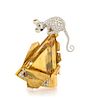 An 18 Karat Yellow Gold, Platinum, Citrine, Diamond and Emerald Mouse and Cheese Brooch, Circa 1950, 24.40 dwts.