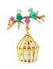 A Retro Yellow Gold and Multi Gem Birdcage Lapel Watch, Circa 1955, 15.40 dwts.