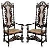 Pair of Flemish Baroque Style Caned Arm Chairs