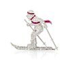 A Fine Platinum, Diamond and Ruby Skier Brooch, Assil, 10.20 dwts.