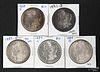 Five silver Morgan dollar coins, to include an 1878, an 1883 S, an 1884 S, an 1885 O, and an 1889 S,
