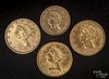 Four gold Liberty Head coins, to include an 1861 two and a half dollar coin, an 1891 five dollar coi