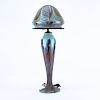 Art Nouveau Style Art Glass Pulled Feather Iridescent Lamp with Shade. Unsigned. Shade has a chip t