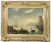 Antique 19th C Harbor Scene Oil Painting On Canvas