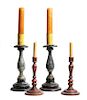 Two Pairs of Carved Wood Candle Stick Holders Height of larger pair 15 3/4 inches