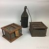 Two Wood and Tin Footwarmers and a Pierced Tin Lantern