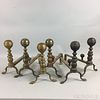 Three Pairs of Brass Belted Ball-top Andirons