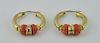 Pr. Etruscan Style Coral & Gold Hoop Earrings