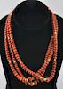 Triple Strand Natural Coral & Gold Bead Necklace