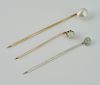 3 Stick Pins with Diamond, Opal & Pearl Tops
