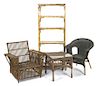 Four Wicker and Rattan Furniture Articles, Height of bookshelf 71 1/2 x width 29 3/4 x depth 12 inches.