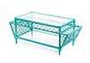 A Turquoise Painted Rattan Low Table, Height 19 1/4 x width 46 x depth 19 3/4 inches.