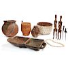 Two Containers, a Ceramic Jar, a Cowrie Shell Basket, a Shell Necklace, a Zulu Meat Tray and Two East African Hairpins and Puppets