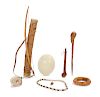 San, Namibia/Botswana: Ostrich Egg Shell & Stand to Store Water, Child's Bow and Arrow Set, Nut, Spoon, Ostrich Shell Necklace, Belt and Stick 