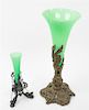 Two Metal Mounted Opaline Glass Trumpet Vases Height of taller 19 3/4 inches.