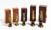 A Group of Five Cased and Lacquered Brass Drum Microscopes Height of tallest 7 3/4 inches.