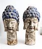 A Pair of Southeast Asian Painted Wood Heads of Buddha Height 25 inches.