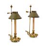 Pair of French Brass Candlestick Lamps with Tôle Peinte Shades