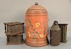 Primitive group to include two primitive foot warmers, pierced tin lantern, candle mold, and tole pot with spigot