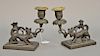 Pair of bronze dog candlesticks with gilt bronze bobash. ht. 6 1/2in., lg. 7in.
